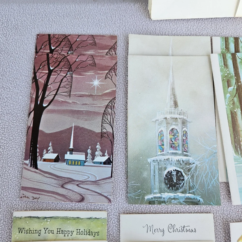 VTG Christmas Card Set of 16 Holiday Greeting Church Snow Deer Santa Mailbox